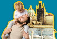 Vater mit Kind auf den Schultern die Familiezeit in Prag verbringen