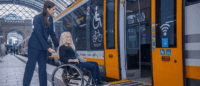 Zugbegleiterin schiebt eine Person im Rollstuhl in den Zug.