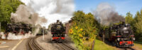 Collage aus zwei Bildern, welche die Dampfbahnen der Zittauer Schmalspurbahnen zeigen