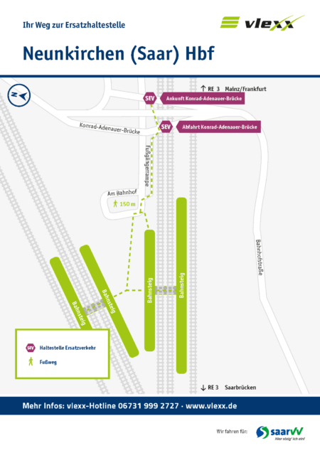 Neunkirchen Konrad Adenauer Bruecke Ersatzhaltestelle Ankunft und Abfahrt Stand Juli 2023